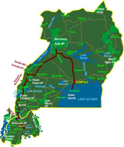 Map Highlights of Uganda & Rwanda (15 days)